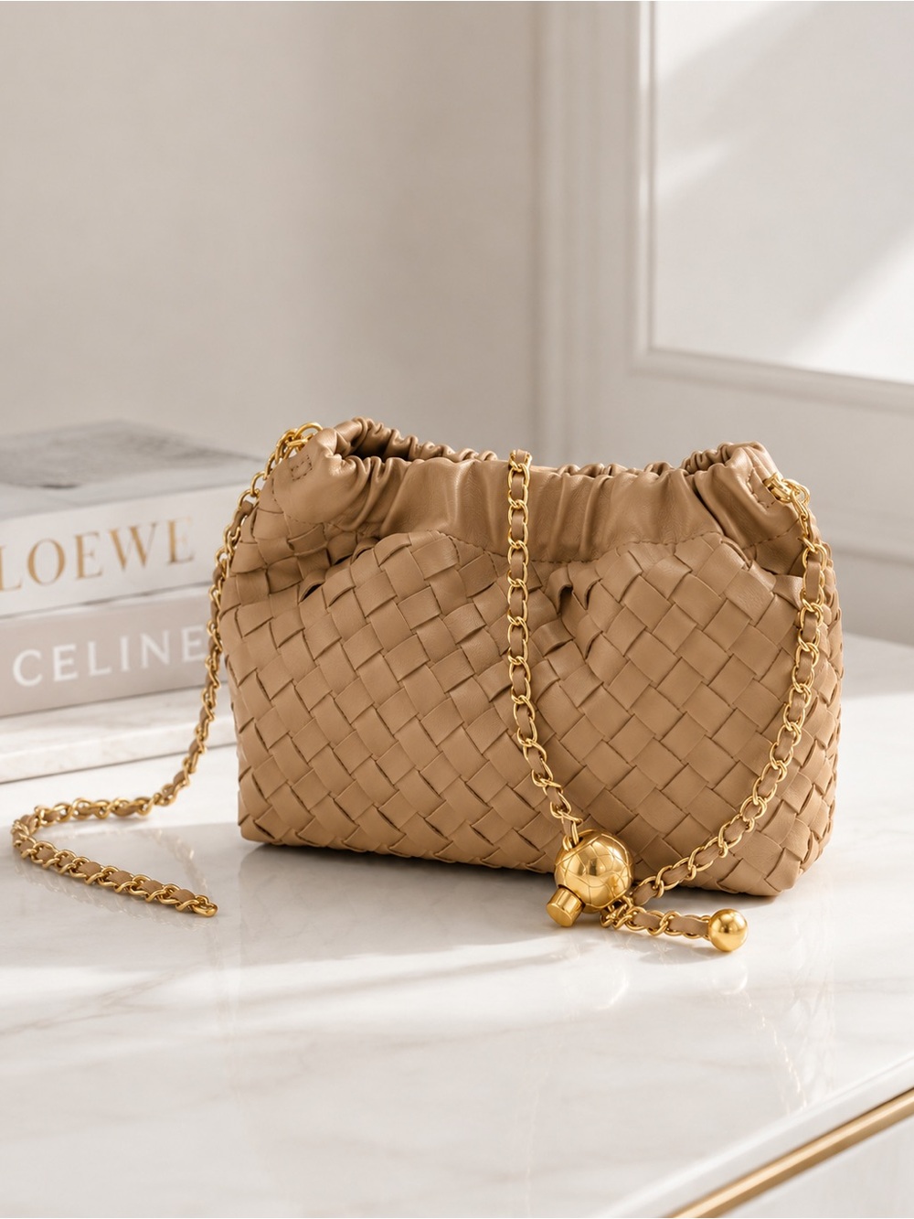 Woven Leather Crossbody Bag in Camel with Gold Chain
